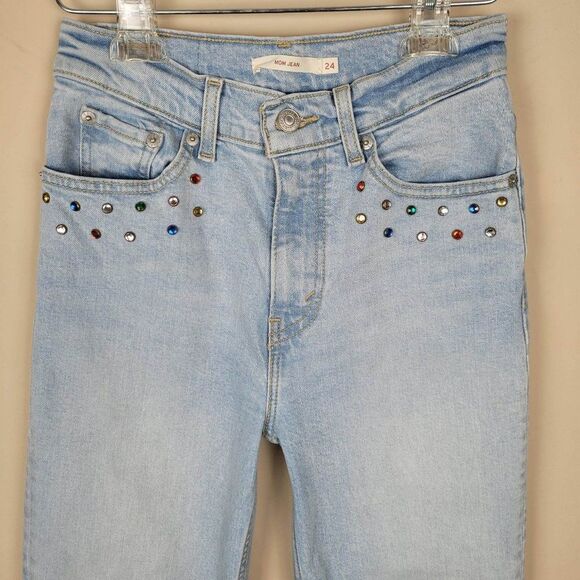 Levi's Mom Jean Jeweled Rhinestone High Waist Light Wash Blue Crop Jeans Sz 24 - Picture 4 of 15